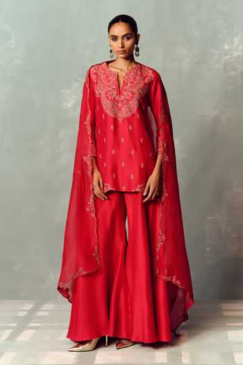 Buy Dolly J Red Silk, Organza Split V-neck Rouge Dynasty Palazzo Set Online at Aza Fashions Buy_Dolly J_Red Silk, Organza Split V-neck Rouge Dynasty Palazzo Set _Online_at_Aza_Fashions