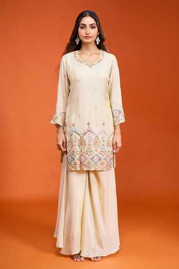 Shop Samyukta Singhania Ivory Tissue Keyhole Neck, Yes Embroidered Kurta Sharara Set Online at Aza Fashions Shop_Samyukta Singhania_Ivory Tissue Keyhole Neck, Yes Embroidered Kurta Sharara Set _Online_at_Aza_Fashions