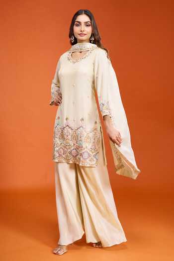Samyukta Singhania Ivory Tissue Keyhole Neck, Yes Embroidered Kurta Sharara Set at Aza Fashions Samyukta Singhania_Ivory Tissue Keyhole Neck, Yes Embroidered Kurta Sharara Set _at_Aza_Fashions