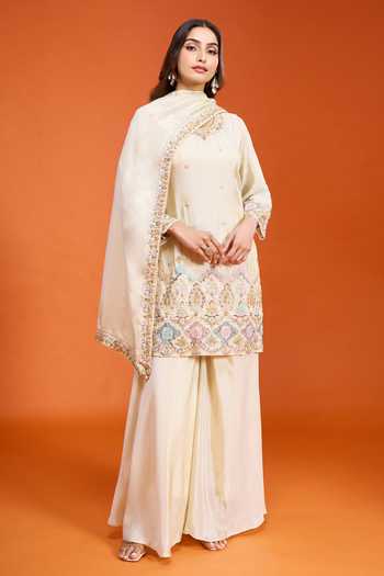 Buy Samyukta Singhania Ivory Tissue Keyhole Neck, Yes Embroidered Kurta Sharara Set Buy_Samyukta Singhania_Ivory Tissue Keyhole Neck, Yes Embroidered Kurta Sharara Set