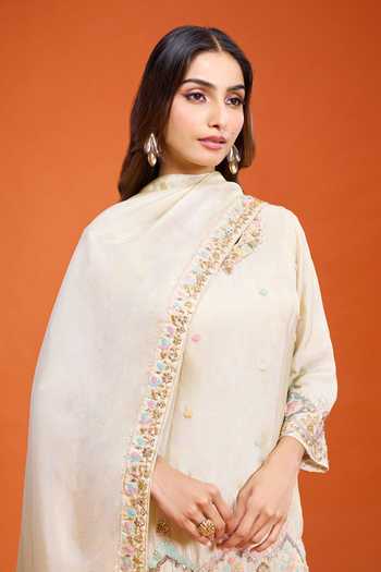Shop Samyukta Singhania Ivory Tissue Keyhole Neck, Yes Embroidered Kurta Sharara Set Shop_Samyukta Singhania_Ivory Tissue Keyhole Neck, Yes Embroidered Kurta Sharara Set