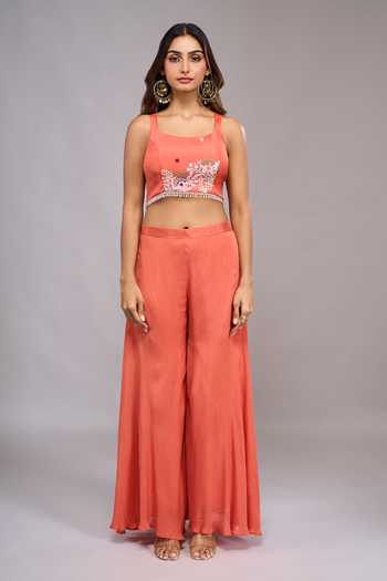 Shop_Samyukta Singhania_Orange Tissue Square , Collared Embroidered Jacket Palazzo Set _Online_at_Aza_Fashions