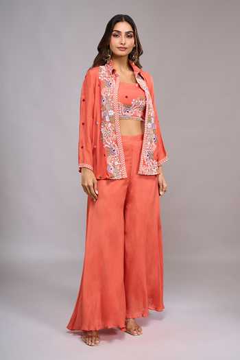 Samyukta Singhania_Orange Tissue Square , Collared Embroidered Jacket Palazzo Set _at_Aza_Fashions