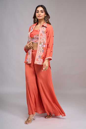 Buy_Samyukta Singhania_Orange Tissue Square , Collared Embroidered Jacket Palazzo Set 