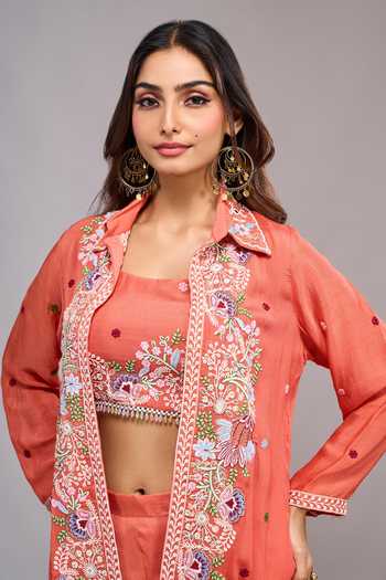 Shop_Samyukta Singhania_Orange Tissue Square , Collared Embroidered Jacket Palazzo Set 