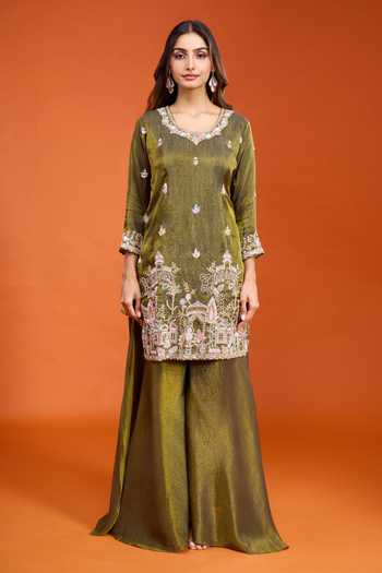Shop Samyukta Singhania Green Tissue Round Neck, Yes Embroidered Kurta Set Online at Aza Fashions Shop_Samyukta Singhania_Green Tissue Round Neck, Yes Embroidered Kurta Set _Online_at_Aza_Fashions