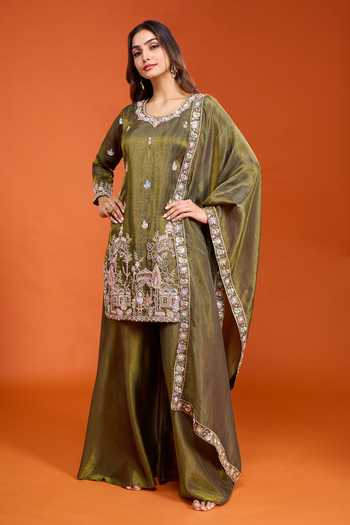 Shop Samyukta Singhania Green Tissue Round Neck, Yes Embroidered Kurta Set Shop_Samyukta Singhania_Green Tissue Round Neck, Yes Embroidered Kurta Set
