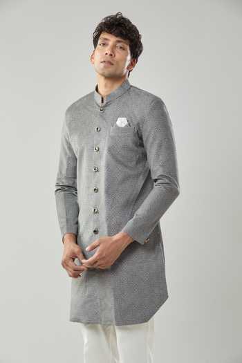 Arihant Rai Sinha Grey Swad Velvet Semi Indo Sherwani Set 