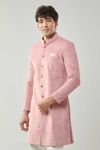 Arihant Rai Sinha Pink Swad Velvet Semi Indo Sherwani Set 