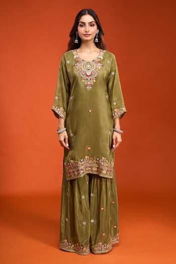 Shop Samyukta Singhania Green Tissue Round Neck, Yes Embroidered Kurta Sharara Set Online at Aza Fashions Shop_Samyukta Singhania_Green Tissue Round Neck, Yes Embroidered Kurta Sharara Set _Online_at_Aza_Fashions