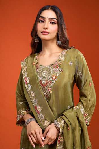 Samyukta Singhania Green Tissue Round Neck, Yes Embroidered Kurta Sharara Set at Aza Fashions Samyukta Singhania_Green Tissue Round Neck, Yes Embroidered Kurta Sharara Set _at_Aza_Fashions