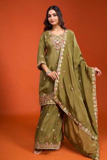 Buy Samyukta Singhania Green Tissue Round Neck, Yes Embroidered Kurta Sharara Set Buy_Samyukta Singhania_Green Tissue Round Neck, Yes Embroidered Kurta Sharara Set