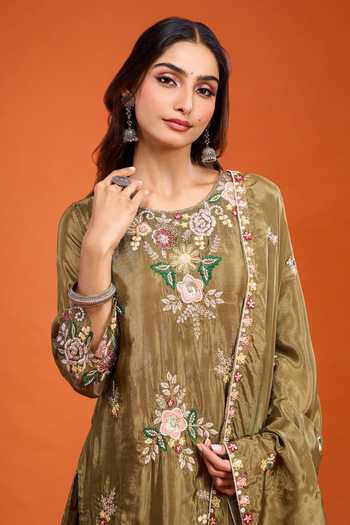 Buy Samyukta Singhania Green Chinon Round Neck Embroidered Kurta Sharara Set Buy_Samyukta Singhania_Green Chinon Round Neck Embroidered Kurta Sharara Set