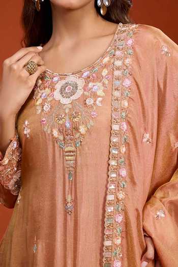 Buy Samyukta Singhania Orange Tissue Embroidery Round Neck Peach Kurta Set Buy_Samyukta Singhania_Orange Tissue Embroidery Round Neck Peach Kurta Set