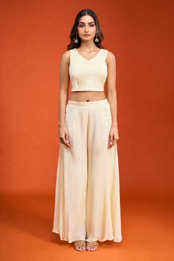 Shop Samyukta Singhania Cream Tissue Collared Neck, Floral Embroidered Top Palazzo Set Online at Aza Fashions Shop_Samyukta Singhania_Cream Tissue Collared Neck, Floral Embroidered Top Palazzo Set _Online_at_Aza_Fashions