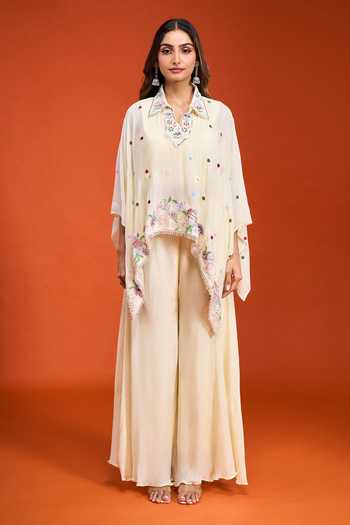 Samyukta Singhania Cream Tissue Collared Neck, Floral Embroidered Top Palazzo Set at Aza Fashions Samyukta Singhania_Cream Tissue Collared Neck, Floral Embroidered Top Palazzo Set _at_Aza_Fashions