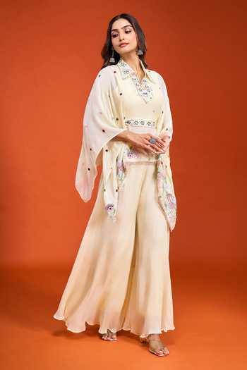 Buy Samyukta Singhania Cream Tissue Collared Neck, Floral Embroidered Top Palazzo Set Buy_Samyukta Singhania_Cream Tissue Collared Neck, Floral Embroidered Top Palazzo Set