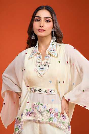 Shop Samyukta Singhania Cream Tissue Collared Neck, Floral Embroidered Top Palazzo Set Shop_Samyukta Singhania_Cream Tissue Collared Neck, Floral Embroidered Top Palazzo Set