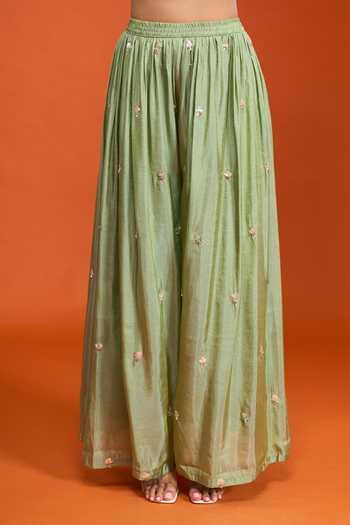 Buy_Samyukta Singhania_Green Tissue Embroidery Round Neck Kurta Palazzo Set _Online_at_Aza_Fashions