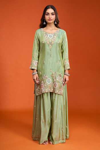 Shop_Samyukta Singhania_Green Tissue Embroidery Round Neck Kurta Palazzo Set _Online_at_Aza_Fashions