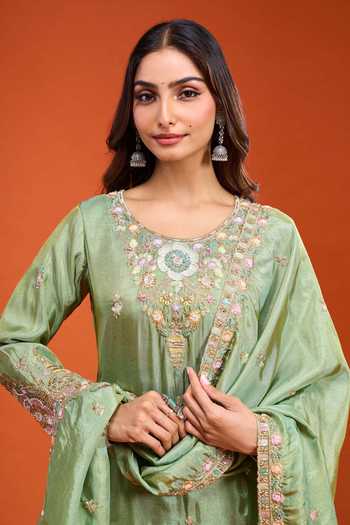 Samyukta Singhania_Green Tissue Embroidery Round Neck Kurta Palazzo Set _at_Aza_Fashions
