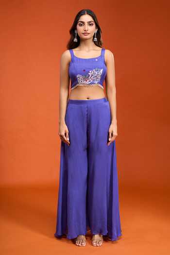 Buy_Samyukta Singhania_Blue Tissue Square , Collared Embroidered Jacket Palazzo Set _Online_at_Aza_Fashions