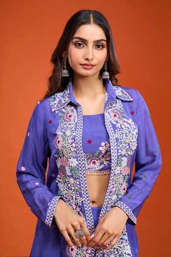 Shop_Samyukta Singhania_Blue Tissue Square , Collared Embroidered Jacket Palazzo Set _Online_at_Aza_Fashions