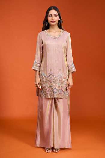 Shop_Samyukta Singhania_Peach Tissue Round Neck, Yes Embroidered Kurta Set _Online_at_Aza_Fashions