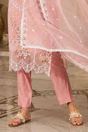 Jhambthreads Pink Organza, Shantoon Round Neck Floral Embroidered Kurta Set Online at Aza Fashions Jhambthreads_Pink Organza, Shantoon Round Neck Floral Embroidered Kurta Set _Online_at_Aza_Fashions