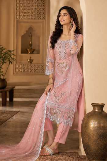 Buy Jhambthreads Pink Organza, Shantoon Round Neck Floral Embroidered Kurta Set Online at Aza Fashions Buy_Jhambthreads_Pink Organza, Shantoon Round Neck Floral Embroidered Kurta Set _Online_at_Aza_Fashions