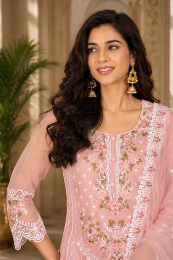 Shop Jhambthreads Pink Organza, Shantoon Round Neck Floral Embroidered Kurta Set Online at Aza Fashions Shop_Jhambthreads_Pink Organza, Shantoon Round Neck Floral Embroidered Kurta Set _Online_at_Aza_Fashions