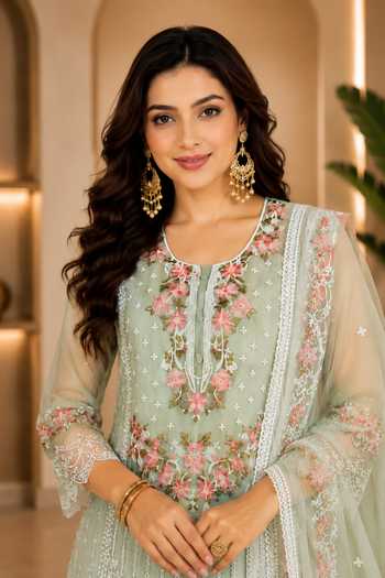 Jhambthreads Green Organza, Shantoon Round Neck Embroidered Straight Kurta Set Online at Aza Fashions Jhambthreads_Green Organza, Shantoon Round Neck Embroidered Straight Kurta Set _Online_at_Aza_Fashions