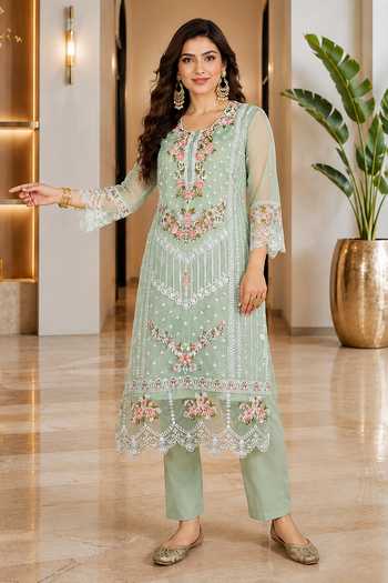 Buy Jhambthreads Green Organza, Shantoon Round Neck Embroidered Straight Kurta Set Online at Aza Fashions Buy_Jhambthreads_Green Organza, Shantoon Round Neck Embroidered Straight Kurta Set _Online_at_Aza_Fashions