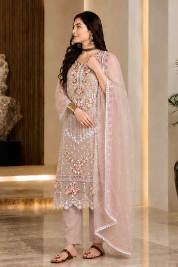 Jhambthreads_Brown Organza, Shantoon Round Neck, Yes Floral Embroidered Kurta Pant Set _Online_at_Aza_Fashions