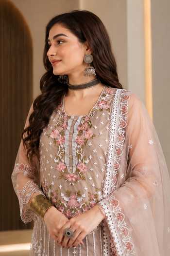 Buy_Jhambthreads_Brown Organza, Shantoon Round Neck, Yes Floral Embroidered Kurta Pant Set _Online_at_Aza_Fashions