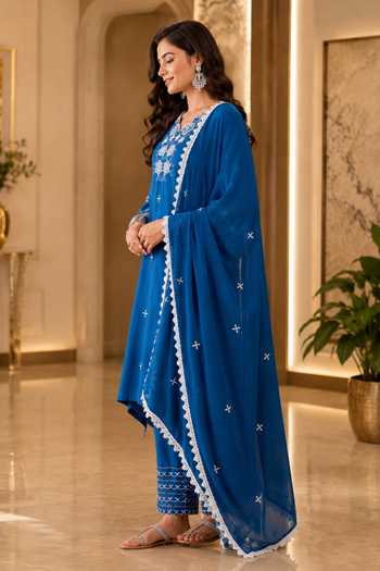 Buy Jhambthreads Blue Silk V-neck, Yes Embroidered Straight Kurta Set Online at Aza Fashions Buy_Jhambthreads_Blue Silk V-neck, Yes Embroidered Straight Kurta Set _Online_at_Aza_Fashions