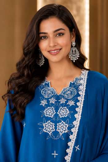 Shop Jhambthreads Blue Silk V-neck, Yes Embroidered Straight Kurta Set Online at Aza Fashions Shop_Jhambthreads_Blue Silk V-neck, Yes Embroidered Straight Kurta Set _Online_at_Aza_Fashions