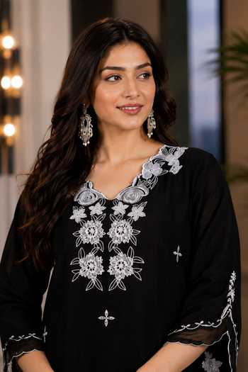 Jhambthreads_Black Silk V-neck Embroidered Straight Kurta Set _Online_at_Aza_Fashions