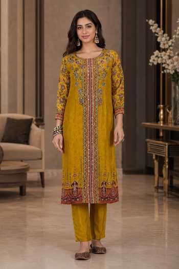 Jhambthreads Yellow Silk Round Neck Floral Print Straight Kurta Set Online at Aza Fashions Jhambthreads_Yellow Silk Round Neck Floral Print Straight Kurta Set _Online_at_Aza_Fashions