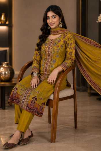Shop Jhambthreads Yellow Silk Round Neck Floral Print Straight Kurta Set Online at Aza Fashions Shop_Jhambthreads_Yellow Silk Round Neck Floral Print Straight Kurta Set _Online_at_Aza_Fashions
