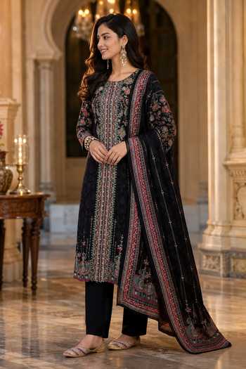 Buy Jhambthreads Black Silk Round Neck Printed Straight Kurta Set Online at Aza Fashions Buy_Jhambthreads_Black Silk Round Neck Printed Straight Kurta Set _Online_at_Aza_Fashions