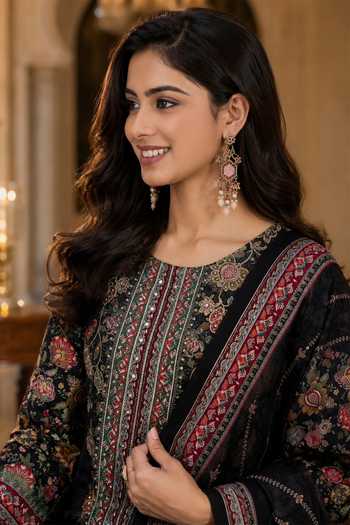 Shop Jhambthreads Black Silk Round Neck Printed Straight Kurta Set Online at Aza Fashions Shop_Jhambthreads_Black Silk Round Neck Printed Straight Kurta Set _Online_at_Aza_Fashions