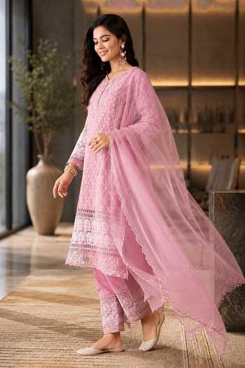 Jhambthreads Pink Pure Cotton, Organza Round Neck, Yes Embroidered Kurta Pant Set Online at Aza Fashions Jhambthreads_Pink Pure Cotton, Organza Round Neck, Yes Embroidered Kurta Pant Set _Online_at_Aza_Fashions