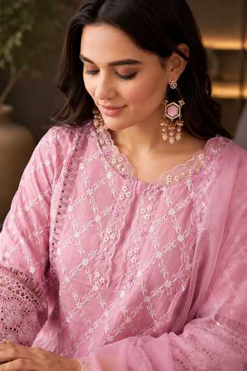 Buy Jhambthreads Pink Pure Cotton, Organza Round Neck, Yes Embroidered Kurta Pant Set Online at Aza Fashions Buy_Jhambthreads_Pink Pure Cotton, Organza Round Neck, Yes Embroidered Kurta Pant Set _Online_at_Aza_Fashions