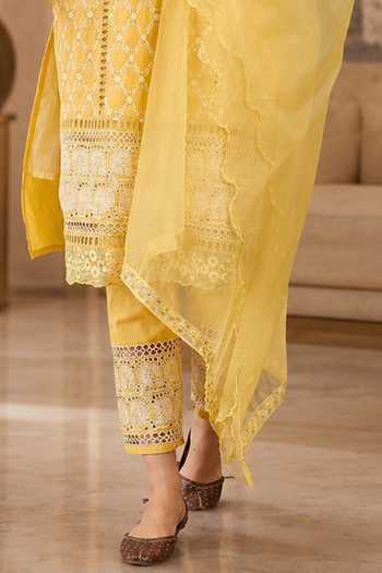 Jhambthreads Yellow Pure Cotton, Organza Round Neck Geometric Embroidered Kurta Set Online at Aza Fashions Jhambthreads_Yellow Pure Cotton, Organza Round Neck Geometric Embroidered Kurta Set _Online_at_Aza_Fashions