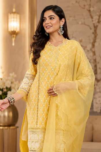 Buy Jhambthreads Yellow Pure Cotton, Organza Round Neck Geometric Embroidered Kurta Set Online at Aza Fashions Buy_Jhambthreads_Yellow Pure Cotton, Organza Round Neck Geometric Embroidered Kurta Set _Online_at_Aza_Fashions