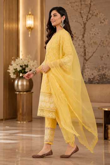 Shop Jhambthreads Yellow Pure Cotton, Organza Round Neck Geometric Embroidered Kurta Set Online at Aza Fashions Shop_Jhambthreads_Yellow Pure Cotton, Organza Round Neck Geometric Embroidered Kurta Set _Online_at_Aza_Fashions