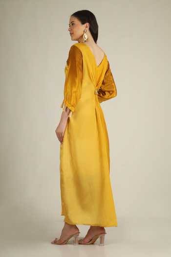 Shop Jhambthreads Yellow Chinon V-neck Draped Knotted Dress at Aza Fashions Shop_Jhambthreads_Yellow Chinon V-neck Draped Knotted Dress _at_Aza_Fashions