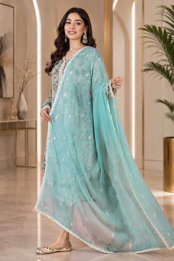 Jhambthreads_Beige Organza, Chiffon, Shantoon V-neck, Yes Floral Embroidered Kurta Set _Online_at_Aza_Fashions