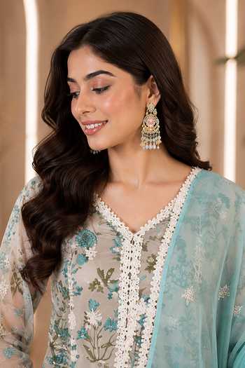 Buy_Jhambthreads_Beige Organza, Chiffon, Shantoon V-neck, Yes Floral Embroidered Kurta Set _Online_at_Aza_Fashions